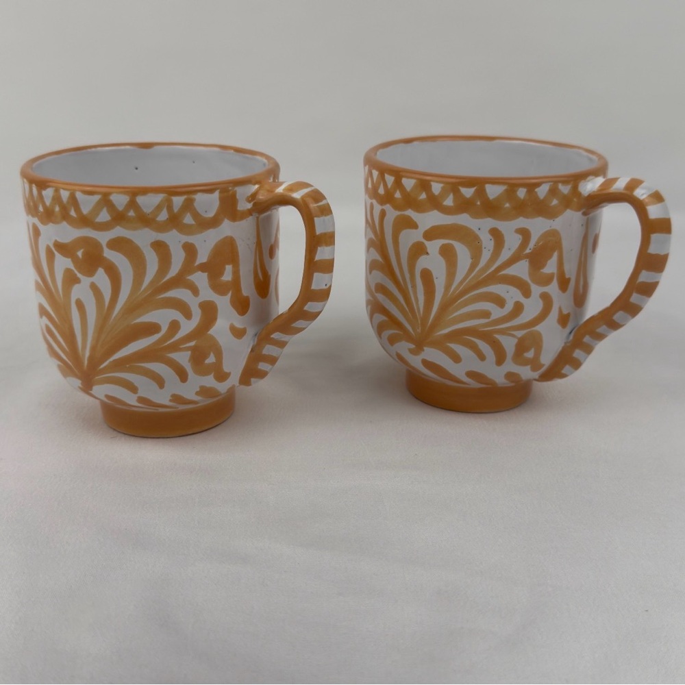Pomelo Spain Hand Painted Pottery Mug Set 2 Terracotta Peach Bird